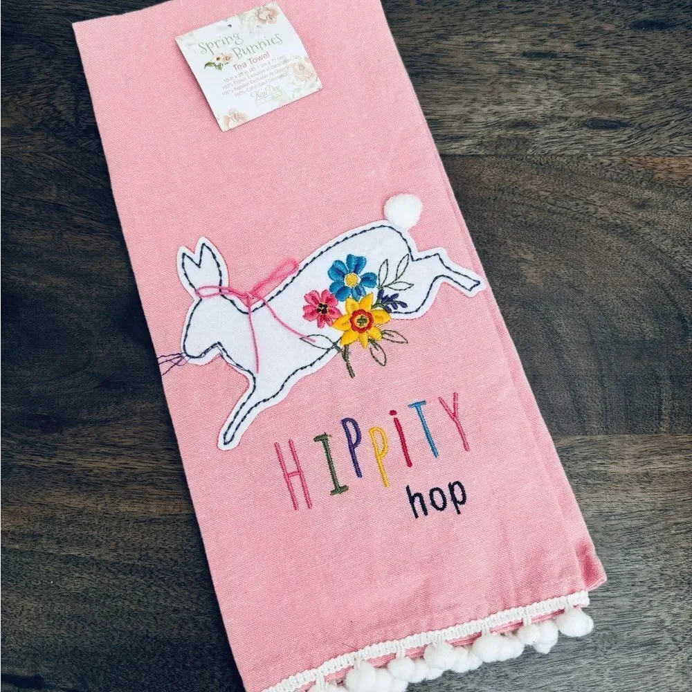Easter Spring Bunny Rabbit Pink Embroidered Dish Towel Tea Towel